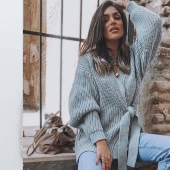 Zara Sweaters - X Zara Gray Chunky Knit Tie Front Oversized Cardigan Sweater Blogger Favorite